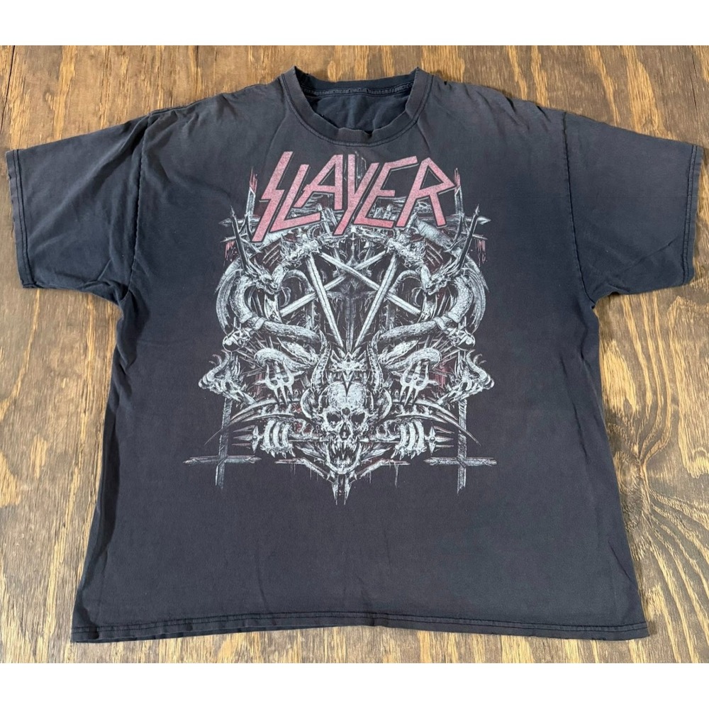 Slayer 2012 Era Skull Dragon Pentagram T Shirt 2XL Fit Faded Black Metal Tee